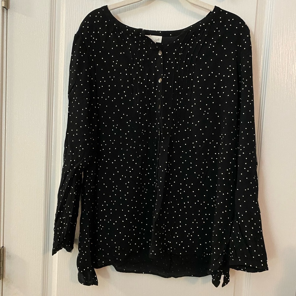 j‎ jill black button down long sleeve blouse white speckles shirt